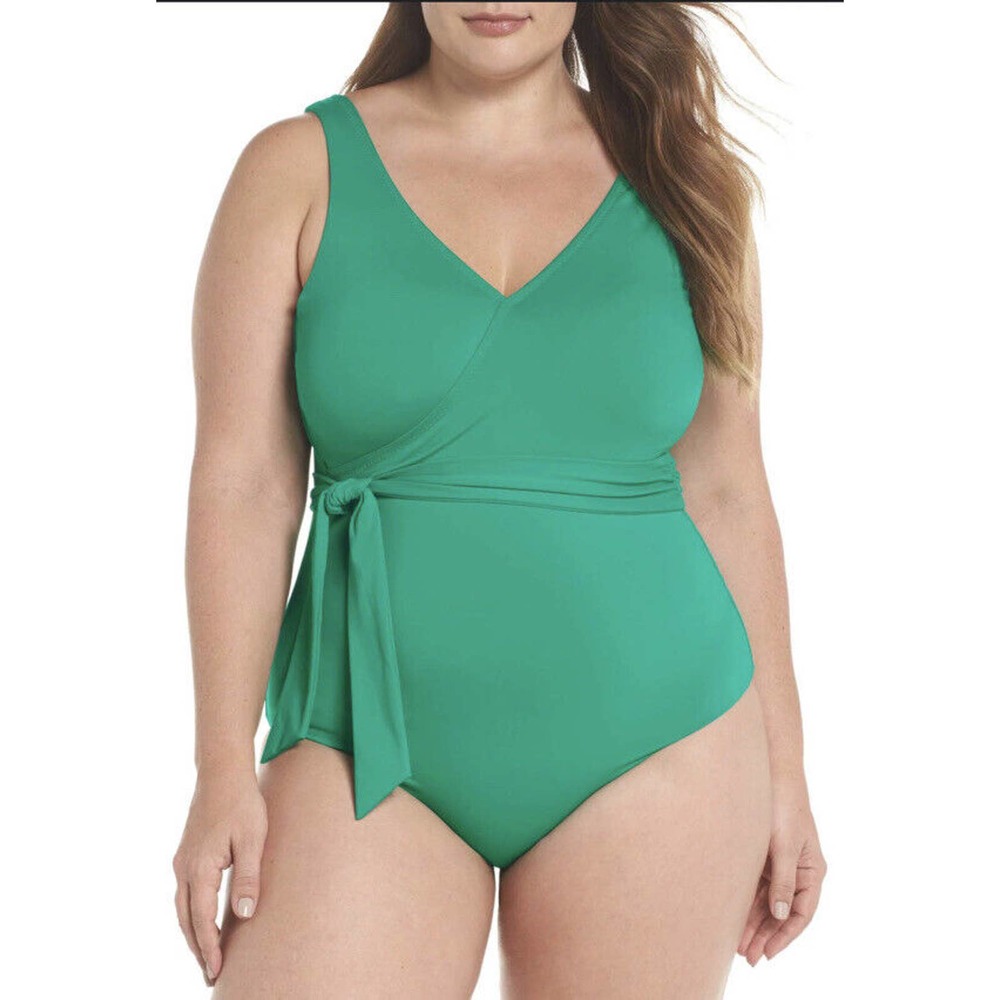 NEW Becca Green One Piece Swimsuit 1X Tie Waist Belt Color Splash Vneck Womens